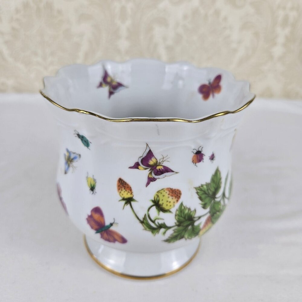 Ardalt Lenwile China Short White Vase Hand Painted Butterflies Flowers Vintage